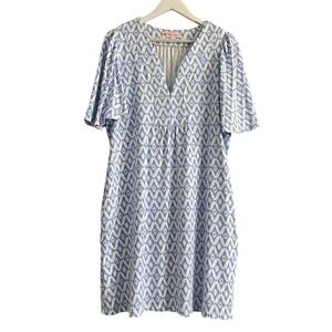 Jude Connally Blue and White Geometric Mini Dress flutter sleeves preppy size XL